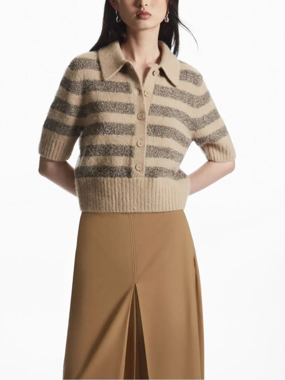 COS Alpaca Wool Blend Striped Cropped Knit Polo Cardigan Sweater XS